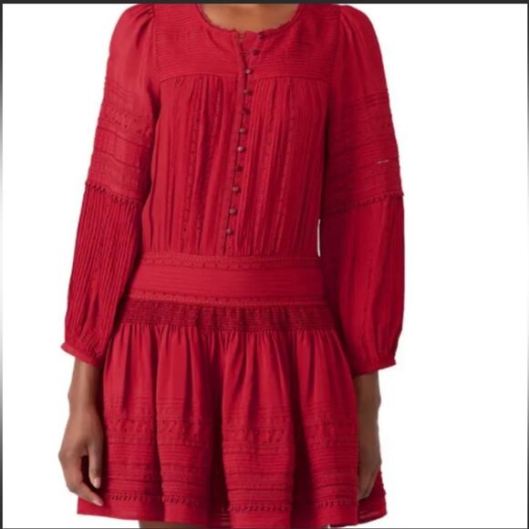 Sea New York azzedine dress red bohemian embroidered smocked drop waist pin tuck - Picture 2 of 9